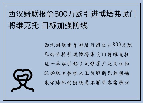 西汉姆联报价800万欧引进博塔弗戈门将维克托 目标加强防线